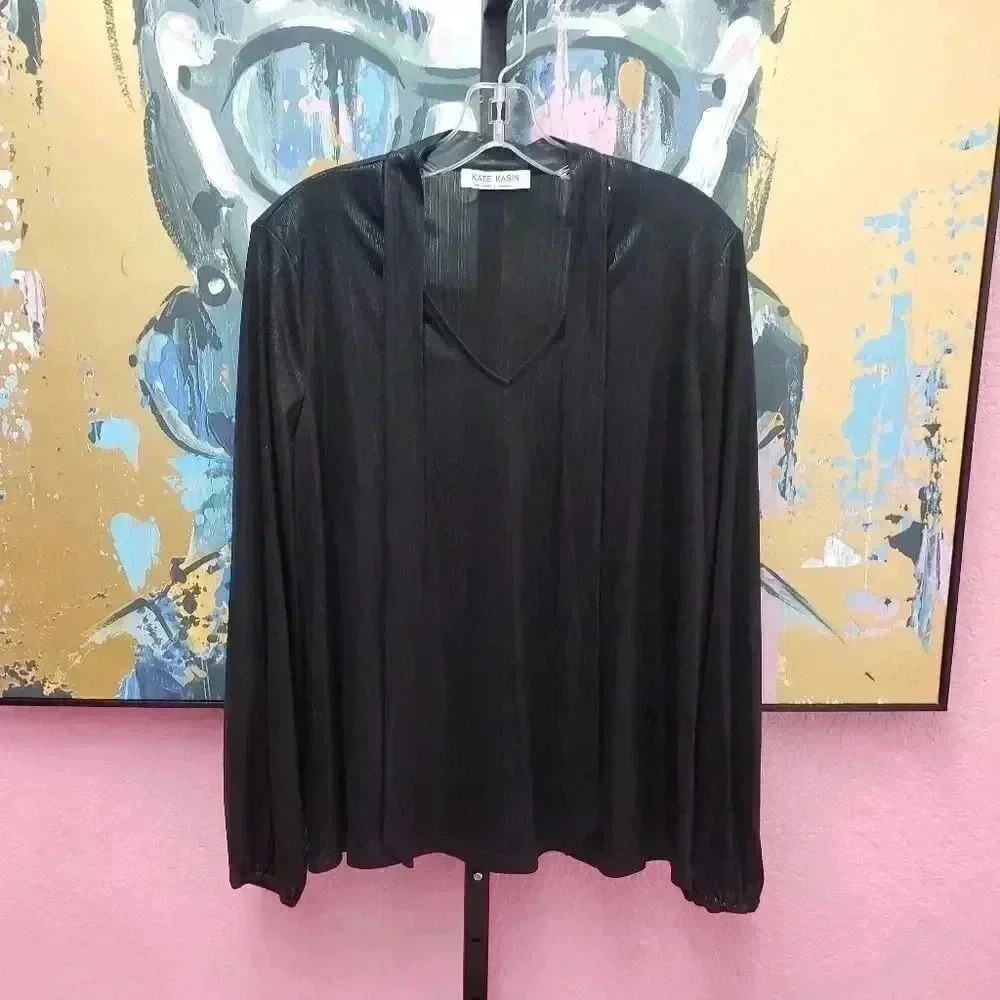 Kate Kasin Shimmery Black Tie V-Neck Blouse